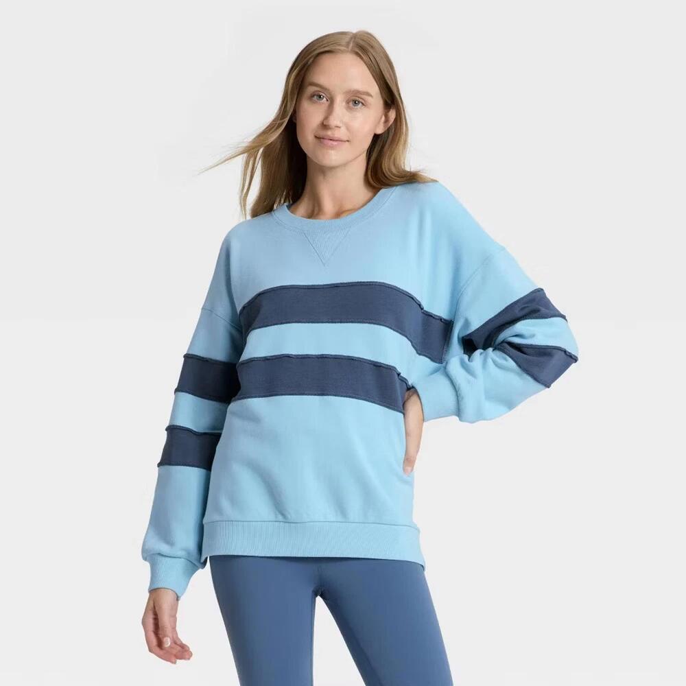 Women's Striped Oversized French Terry Crewneck Sweatshirt - JoyLab L